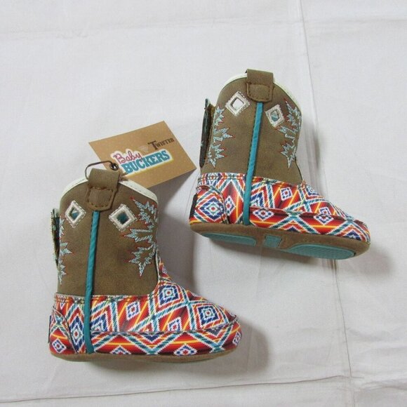 M & F Western Twister Infant Baby Buckers Brynlee Aztec Boots - Brown - Picture 1 of 7